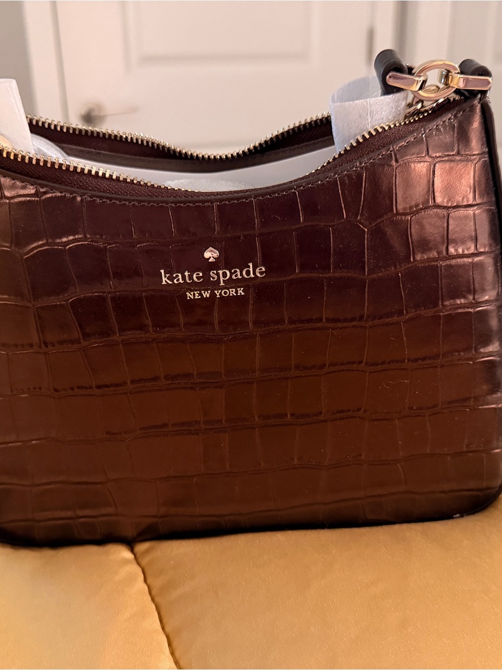 kate spade Croc-Embossed Shoulder Bag in Dark Brown with Gold Hardware